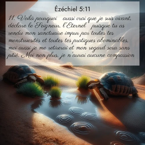 Segond21 Ézéchiel  ; image nature: image avec le verset biblique :Voilà pourquoi  aussi vrai que je suis vivant, déclare le Seigneur, l&#039;Eternel  puisque tu as rendu mon sanctuaire impur par toutes tes monstruosités et toutes tes pratiques abominables, moi aussi je me retirerai et mon regard sera sans pitié. Moi non plus, je n&#039;aurai aucune compassion. ;  ; 5:11