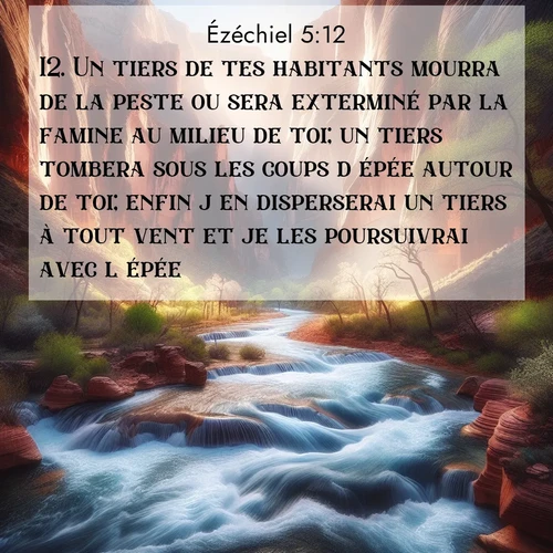 Segond21 Ézéchiel  ; image nature: image avec le verset biblique :Un tiers de tes habitants mourra de la peste ou sera exterminé par la famine au milieu de toi; un tiers tombera sous les coups d&#039;épée autour de toi; enfin j&#039;en disperserai un tiers à tout vent et je les poursuivrai avec l&#039;épée. ;  ; 5:12