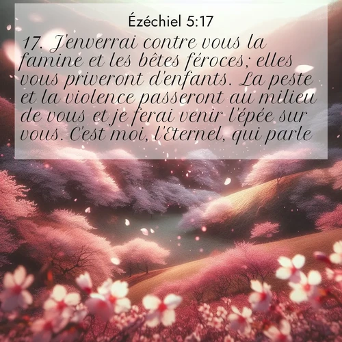 Segond21 Ézéchiel  ; image nature: image avec le verset biblique :J&#039;enverrai contre vous la famine et les bêtes féroces; elles vous priveront d&#039;enfants. La peste et la violence passeront au milieu de vous et je ferai venir l&#039;épée sur vous. C&#039;est moi, l&#039;Eternel, qui parle.» ;  ; 5:17