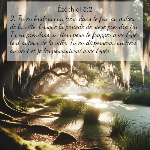 Segond21 Ézéchiel  ; image nature: image avec le verset biblique :Tu en brûleras un tiers dans le feu, au milieu de la ville, lorsque la période de siège prendra fin. Tu en prendras un tiers pour le frapper avec l&#039;épée tout autour de la ville. Tu en disperseras un tiers au vent et je les poursuivrai avec l&#039;épée. ;  ; 5:2