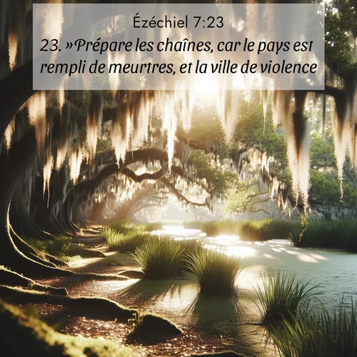 Segond21 Ézéchiel  ; image nature: image avec le verset biblique :»Prépare les chaînes, car le pays est rempli de meurtres, et la ville de violence. ;  ; 7:23