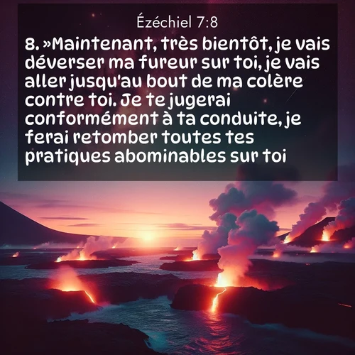 Segond21 Ézéchiel  ; image nature: image avec le verset biblique :»Maintenant, très bientôt, je vais déverser ma fureur sur toi, je vais aller jusqu&#039;au bout de ma colère contre toi. Je te jugerai conformément à ta conduite, je ferai retomber toutes tes pratiques abominables sur toi. ;  ; 7:8