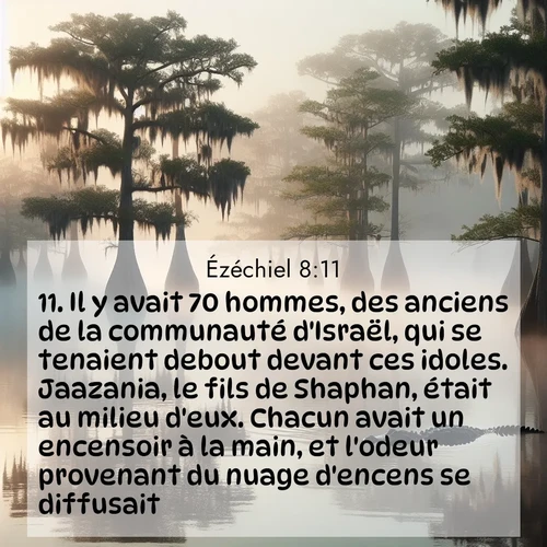 Segond21 Ézéchiel  ; image nature: image avec le verset biblique :Il y avait 70 hommes, des anciens de la communauté d&#039;Israël, qui se tenaient debout devant ces idoles. Jaazania, le fils de Shaphan, était au milieu d&#039;eux. Chacun avait un encensoir à la main, et l&#039;odeur provenant du nuage d&#039;encens se diffusait. ;  ; 8:11