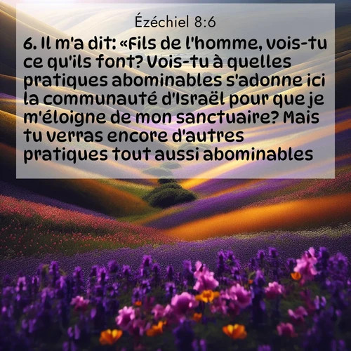Segond21 Ézéchiel  ; image nature: image avec le verset biblique :Il m&#039;a dit: «Fils de l&#039;homme, vois-tu ce qu&#039;ils font? Vois-tu à quelles pratiques abominables s&#039;adonne ici la communauté d&#039;Israël pour que je m&#039;éloigne de mon sanctuaire? Mais tu verras encore d&#039;autres pratiques tout aussi abominables.» ;  ; 8:6