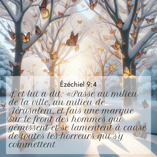 Segond21 Ézéchiel  ; image nature: image avec le verset biblique :et lui a dit: «Passe au milieu de la ville, au milieu de Jérusalem, et fais une marque sur le front des hommes qui gémissent et se lamentent à cause de toutes les horreurs qui s&#039;y commettent!» ;  ; 9:4