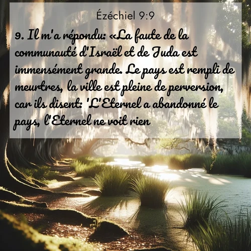 Segond21 Ézéchiel  ; image nature: image avec le verset biblique :Il m&#039;a répondu: «La faute de la communauté d&#039;Israël et de Juda est immensément grande. Le pays est rempli de meurtres, la ville est pleine de perversion, car ils disent: &#039;L&#039;Eternel a abandonné le pays, l&#039;Eternel ne voit rien.&#039; ;  ; 9:9