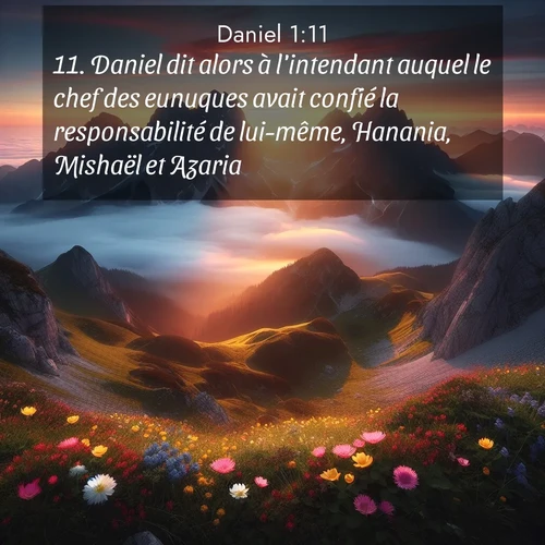Segond21 Daniel  ; image nature: image avec le verset biblique :Daniel dit alors à l&#039;intendant auquel le chef des eunuques avait confié la responsabilité de lui-même, Hanania, Mishaël et Azaria: ;  ; 1:11