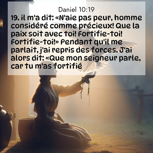 Segond21 Daniel  ; image nature: image avec le verset biblique :il m&#039;a dit: «N&#039;aie pas peur, homme considéré comme précieux! Que la paix soit avec toi! Fortifie-toi! Fortifie-toi!» Pendant qu&#039;il me parlait, j&#039;ai repris des forces. J&#039;ai alors dit: «Que mon seigneur parle, car tu m&#039;as fortifié.» ;  ; 10:19