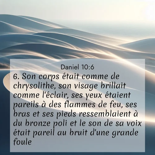 Segond21 Daniel  ; image nature: image avec le verset biblique :Son corps était comme de chrysolithe, son visage brillait comme l&#039;éclair, ses yeux étaient pareils à des flammes de feu, ses bras et ses pieds ressemblaient à du bronze poli et le son de sa voix était pareil au bruit d&#039;une grande foule. ;  ; 10:6