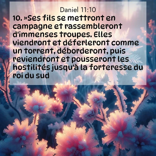 Segond21 Daniel  ; image nature: image avec le verset biblique :»Ses fils se mettront en campagne et rassembleront d&#039;immenses troupes. Elles viendront et déferleront comme un torrent, déborderont, puis reviendront et pousseront les hostilités jusqu&#039;à la forteresse du roi du sud. ;  ; 11:10