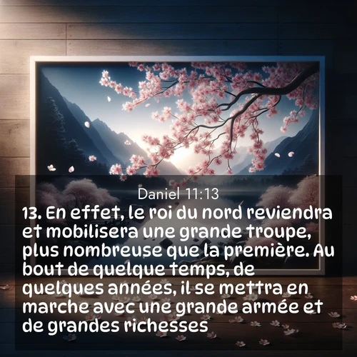 Segond21 Daniel  ; image nature: image avec le verset biblique :En effet, le roi du nord reviendra et mobilisera une grande troupe, plus nombreuse que la première. Au bout de quelque temps, de quelques années, il se mettra en marche avec une grande armée et de grandes richesses. ;  ; 11:13