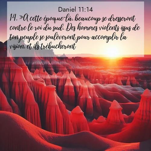 Segond21 Daniel  ; image nature: image avec le verset biblique :»A cette époque-là, beaucoup se dresseront contre le roi du sud. Des hommes violents issus de ton peuple se soulèveront pour accomplir la vision, et ils trébucheront. ;  ; 11:14