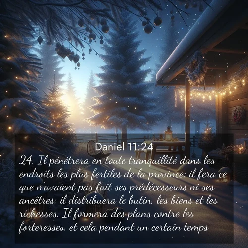 Segond21 Daniel  ; image nature: image avec le verset biblique :Il pénétrera en toute tranquillité dans les endroits les plus fertiles de la province; il fera ce que n&#039;avaient pas fait ses prédécesseurs ni ses ancêtres: il distribuera le butin, les biens et les richesses. Il formera des plans contre les forteresses, et cela pendant un certain temps. ;  ; 11:24