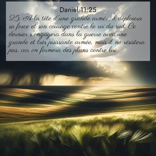 Segond21 Daniel  ; image nature: image avec le verset biblique :A la tête d&#039;une grande armée, il déploiera sa force et son courage contre le roi du sud. Ce dernier s&#039;engagera dans la guerre avec une grande et très puissante armée, mais il ne résistera pas, car on formera des plans contre lui: ;  ; 11:25