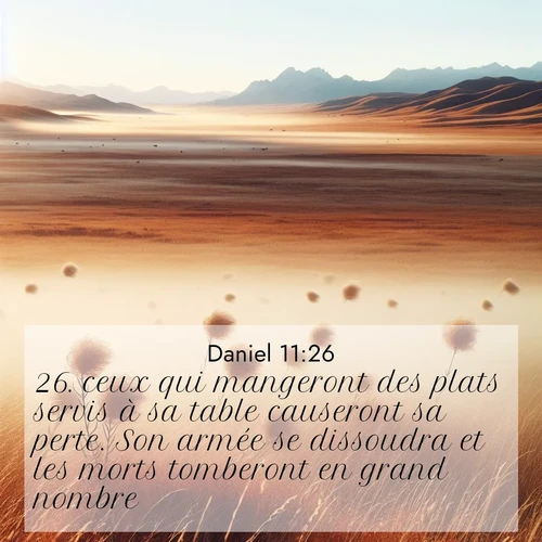 Segond21 Daniel  ; image nature: image avec le verset biblique :ceux qui mangeront des plats servis à sa table causeront sa perte. Son armée se dissoudra et les morts tomberont en grand nombre. ;  ; 11:26