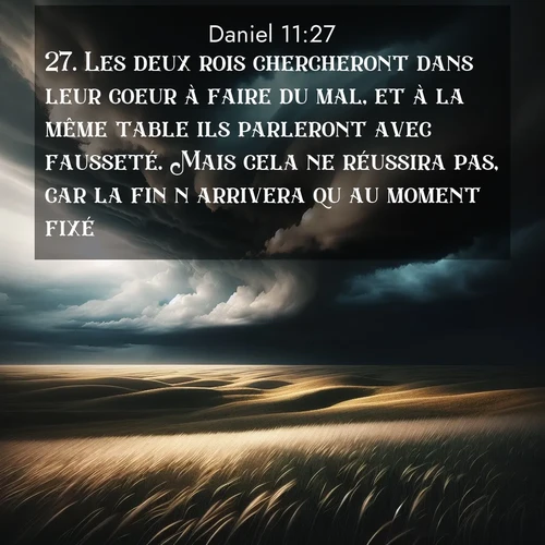 Segond21 Daniel  ; image nature: image avec le verset biblique :Les deux rois chercheront dans leur coeur à faire du mal, et à la même table ils parleront avec fausseté. Mais cela ne réussira pas, car la fin n&#039;arrivera qu&#039;au moment fixé. ;  ; 11:27