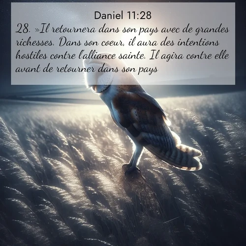 Segond21 Daniel  ; image nature: image avec le verset biblique :»Il retournera dans son pays avec de grandes richesses. Dans son coeur, il aura des intentions hostiles contre l&#039;alliance sainte. Il agira contre elle avant de retourner dans son pays. ;  ; 11:28