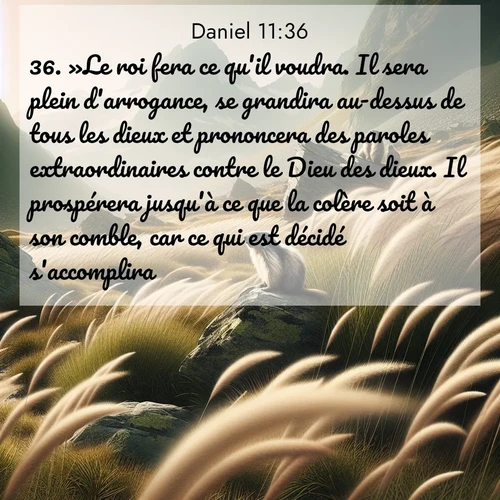 Segond21 Daniel  ; image nature: image avec le verset biblique :»Le roi fera ce qu&#039;il voudra. Il sera plein d&#039;arrogance, se grandira au-dessus de tous les dieux et prononcera des paroles extraordinaires contre le Dieu des dieux. Il prospérera jusqu&#039;à ce que la colère soit à son comble, car ce qui est décidé s&#039;accomplira. ;  ; 11:36