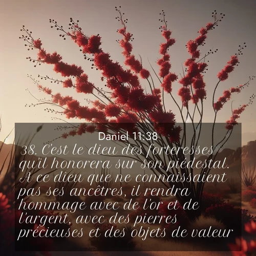 Segond21 Daniel  ; image nature: image avec le verset biblique :C&#039;est le dieu des forteresses qu&#039;il honorera sur son piédestal. A ce dieu que ne connaissaient pas ses ancêtres, il rendra hommage avec de l&#039;or et de l&#039;argent, avec des pierres précieuses et des objets de valeur. ;  ; 11:38