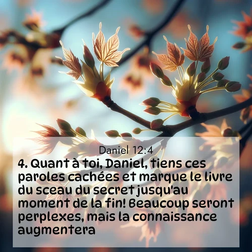 Segond21 Daniel  ; image nature: image avec le verset biblique :Quant à toi, Daniel, tiens ces paroles cachées et marque le livre du sceau du secret jusqu&#039;au moment de la fin! Beaucoup seront perplexes, mais la connaissance augmentera.» ;  ; 12:4