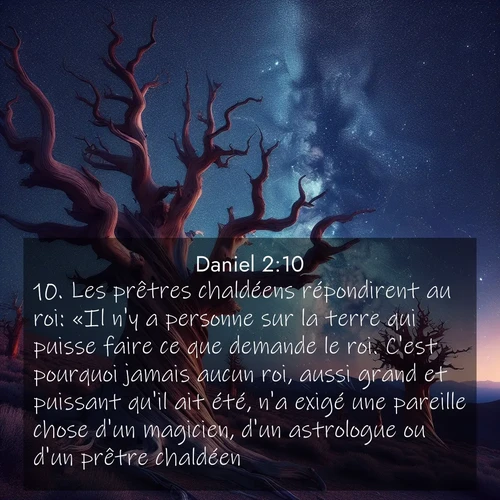 Segond21 Daniel  ; image nature: image avec le verset biblique :Les prêtres chaldéens répondirent au roi: «Il n&#039;y a personne sur la terre qui puisse faire ce que demande le roi. C&#039;est pourquoi jamais aucun roi, aussi grand et puissant qu&#039;il ait été, n&#039;a exigé une pareille chose d&#039;un magicien, d&#039;un astrologue ou d&#039;un prêtre chaldéen. ;  ; 2:10