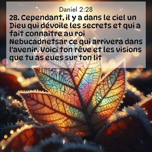 Segond21 Daniel  ; image nature: image avec le verset biblique :Cependant, il y a dans le ciel un Dieu qui dévoile les secrets et qui a fait connaître au roi Nebucadnetsar ce qui arrivera dans l&#039;avenir. Voici ton rêve et les visions que tu as eues sur ton lit. ;  ; 2:28