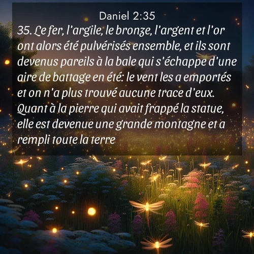 Segond21 Daniel  ; image nature: image avec le verset biblique :Le fer, l&#039;argile, le bronze, l&#039;argent et l&#039;or ont alors été pulvérisés ensemble, et ils sont devenus pareils à la bale qui s&#039;échappe d&#039;une aire de battage en été: le vent les a emportés et on n&#039;a plus trouvé aucune trace d&#039;eux. Quant à la pierre qui avait frappé la statue, elle est devenue une grande montagne et a rempli toute la terre. ;  ; 2:35