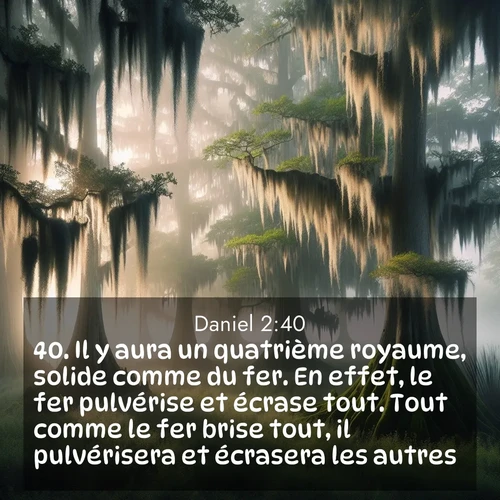 Segond21 Daniel  ; image nature: image avec le verset biblique :Il y aura un quatrième royaume, solide comme du fer. En effet, le fer pulvérise et écrase tout. Tout comme le fer brise tout, il pulvérisera et écrasera les autres. ;  ; 2:40
