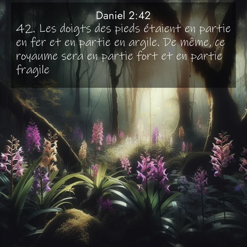 Segond21 Daniel  ; image nature: image avec le verset biblique :Les doigts des pieds étaient en partie en fer et en partie en argile. De même, ce royaume sera en partie fort et en partie fragile. ;  ; 2:42