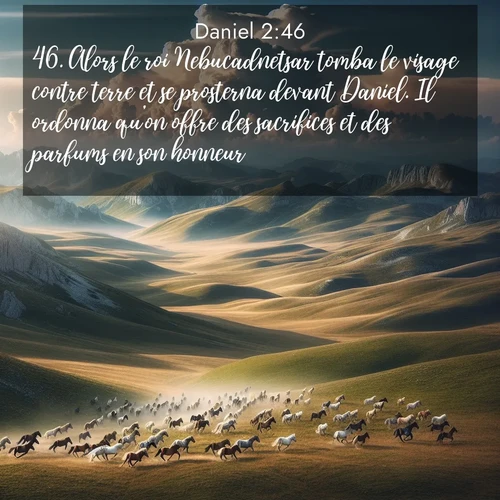 Segond21 Daniel  ; image nature: image avec le verset biblique :Alors le roi Nebucadnetsar tomba le visage contre terre et se prosterna devant Daniel. Il ordonna qu&#039;on offre des sacrifices et des parfums en son honneur. ;  ; 2:46