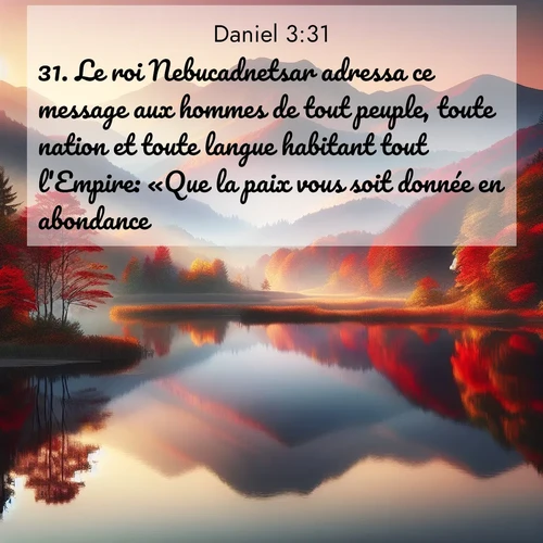 Segond21 Daniel  ; image nature: image avec le verset biblique :Le roi Nebucadnetsar adressa ce message aux hommes de tout peuple, toute nation et toute langue habitant tout l&#039;Empire: «Que la paix vous soit donnée en abondance! ;  ; 3:31