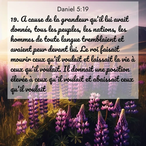 Segond21 Daniel  ; image nature: image avec le verset biblique :A cause de la grandeur qu&#039;il lui avait donnée, tous les peuples, les nations, les hommes de toute langue tremblaient et avaient peur devant lui. Le roi faisait mourir ceux qu&#039;il voulait et laissait la vie à ceux qu&#039;il voulait. Il donnait une position élevée à ceux qu&#039;il voulait et abaissait ceux qu&#039;il voulait. ;  ; 5:19