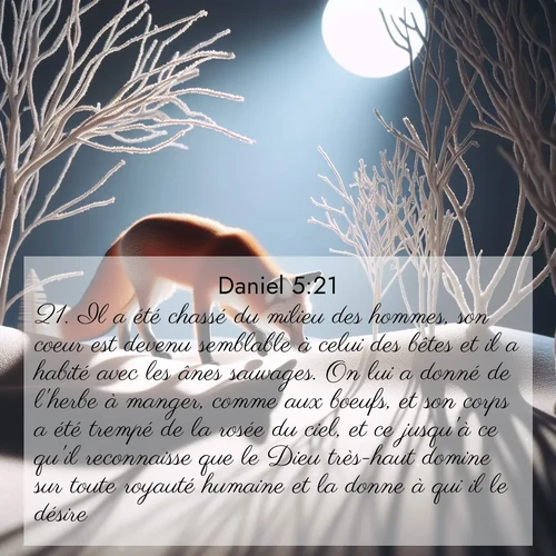 Segond21 Daniel  ; image nature: image avec le verset biblique :Il a été chassé du milieu des hommes, son coeur est devenu semblable à celui des bêtes et il a habité avec les ânes sauvages. On lui a donné de l&#039;herbe à manger, comme aux boeufs, et son corps a été trempé de la rosée du ciel, et ce jusqu&#039;à ce qu&#039;il reconnaisse que le Dieu très-haut domine sur toute royauté humaine et la donne à qui il le désire. ;  ; 5:21