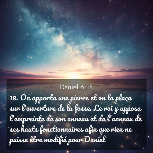 Segond21 Daniel  ; image nature: image avec le verset biblique :On apporta une pierre et on la plaça sur l&#039;ouverture de la fosse. Le roi y apposa l&#039;empreinte de son anneau et de l&#039;anneau de ses hauts fonctionnaires afin que rien ne puisse êt</p><p>Lire le verset dans son contexte : <br><a href=
