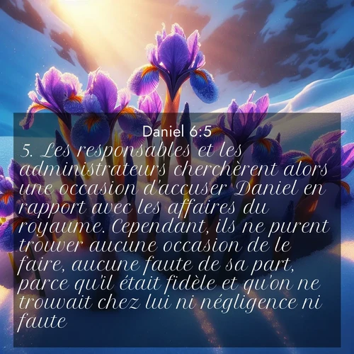 Segond21 Daniel  ; image nature: image avec le verset biblique :Les responsables et les administrateurs cherchèrent alors une occasion d&#039;accuser Daniel en rapport avec les affaires du royaume. Cependant, ils ne purent trouver aucune occasion de le faire, aucune faute de sa part, parce qu&#039;il était fidèle et qu&#039;on ne trouvait chez lui ni négligence ni faute. ;  ; 6:5