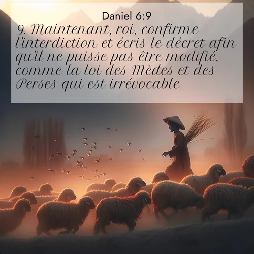 Segond21 Daniel  ; image nature: image avec le verset biblique :Maintenant, roi, confirme l&#039;interdiction et écris le décret afin qu&#039;il ne puisse pas être modifié, comme la loi des Mèdes et des Perses qui est irrévocable.» ;  ; 6:9