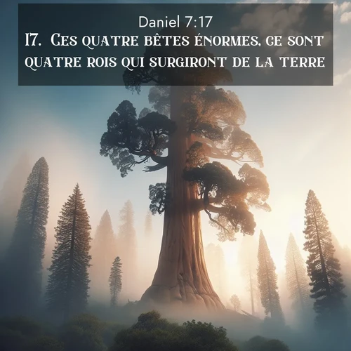 Segond21 Daniel  ; image nature: image avec le verset biblique :&#039;Ces quatre bêtes énormes, ce sont quatre rois qui surgiront de la terre. ;  ; 7:17
