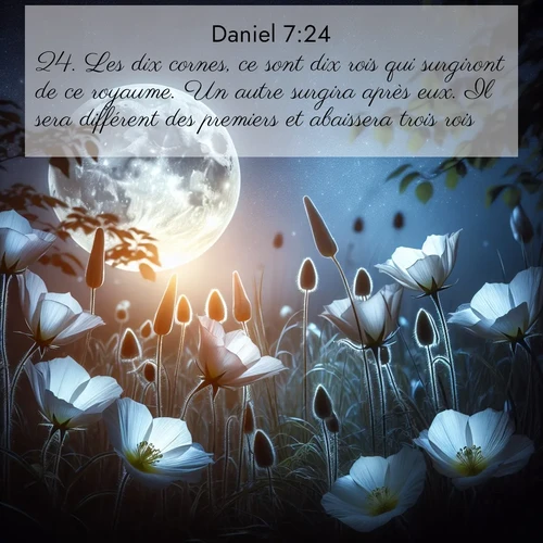 Segond21 Daniel  ; image nature: image avec le verset biblique :Les dix cornes, ce sont dix rois qui surgiront de ce royaume. Un autre surgira après eux. Il sera différent des premiers et abaissera trois rois. ;  ; 7:24