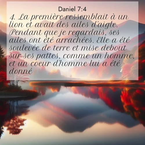 Segond21 Daniel  ; image nature: image avec le verset biblique :La première ressemblait à un lion et avait des ailes d&#039;aigle. Pendant que je regardais, ses ailes ont été arrachées. Elle a été soulevée de terre et mise debout sur ses pattes, comme un homme, et un coeur d&#039;homme lui a été donné. ;  ; 7:4