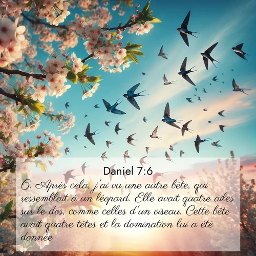 Segond21 Daniel  ; image nature: image avec le verset biblique :Après cela, j&#039;ai vu une autre bête, qui ressemblait à un léopard. Elle avait quatre ailes sur le dos, comme celles d&#039;un oiseau. Cette bête avait quatre têtes et la domination lui a été donnée. ;  ; 7:6