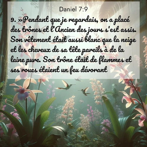 Segond21 Daniel  ; image nature: image avec le verset biblique :»Pendant que je regardais, on a placé des trônes et l&#039;Ancien des jours s&#039;est assis. Son vêtement était aussi blanc que la neige et les cheveux de sa tête pareils à de la laine pure. Son trône était de flammes et ses roues étaient un feu dévorant. ;  ; 7:9