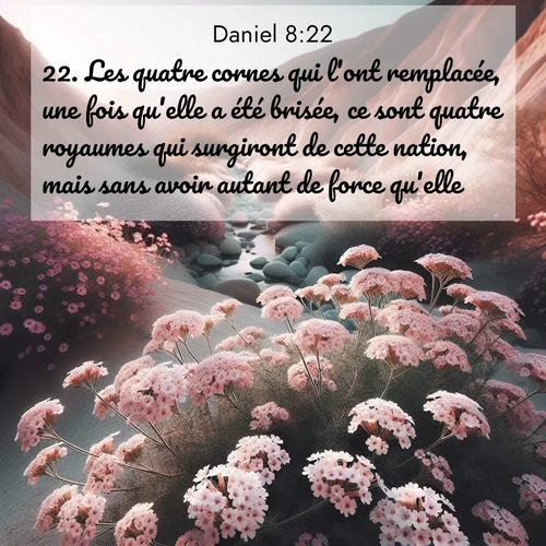Segond21 Daniel  ; image nature: image avec le verset biblique :Les quatre cornes qui l&#039;ont remplacée, une fois qu&#039;elle a été brisée, ce sont quatre royaumes qui surgiront de cette nation, mais sans avoir autant de force qu&#039;elle. ;  ; 8:22