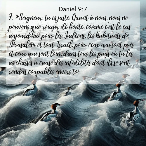 Segond21 Daniel  ; image nature: image avec le verset biblique :»Seigneur, tu es juste. Quant à nous, nous ne pouvons que rougir de honte, comme c&#039;est le cas aujourd&#039;hui pour les Judéens, les habitants de Jérusalem et tout Israël, pour ceux qui sont près et ceux qui sont loin, dans tous les pays où tu les as chassés à cause des infidélités dont ils se sont rendus coupables envers toi. ;  ; 9:7