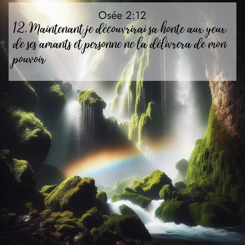 Segond21 Osée  ; image nature: image avec le verset biblique :Maintenant je découvrirai sa honte aux yeux de ses amants et personne ne la délivrera de mon pouvoir. ;  ; 2:12