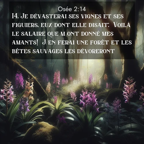 Segond21 Osée  ; image nature: image avec le verset biblique :Je dévasterai ses vignes et ses figuiers, eux dont elle disait: &#039;Voilà le salaire que m&#039;ont donné mes amants!&#039; J&#039;en ferai une forêt et les bêtes sauvages les dévoreront. ;  ; 2:14