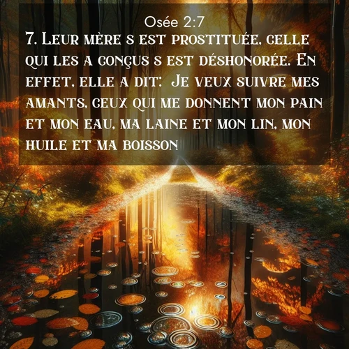 Segond21 Osée  ; image nature: image avec le verset biblique :Leur mère s&#039;est prostituée, celle qui les a conçus s&#039;est déshonorée. En effet, elle a dit: &#039;Je veux suivre mes amants, ceux qui me donnent mon pain et mon eau, ma laine et mon lin, mon huile et ma boisson.&#039; ;  ; 2:7