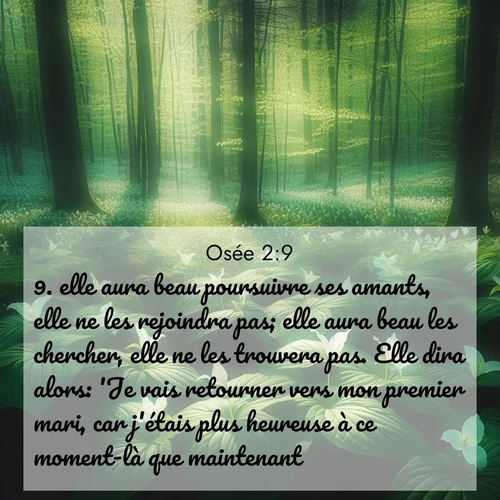 Segond21 Osée  ; image nature: image avec le verset biblique :elle aura beau poursuivre ses amants, elle ne les rejoindra pas; elle aura beau les chercher, elle ne les trouvera pas. Elle dira alors: &#039;Je vais retourner vers mon premier mari, car j&#039;étais plus heureuse à ce moment-là que maintenant.&#039; ;  ; 2:9