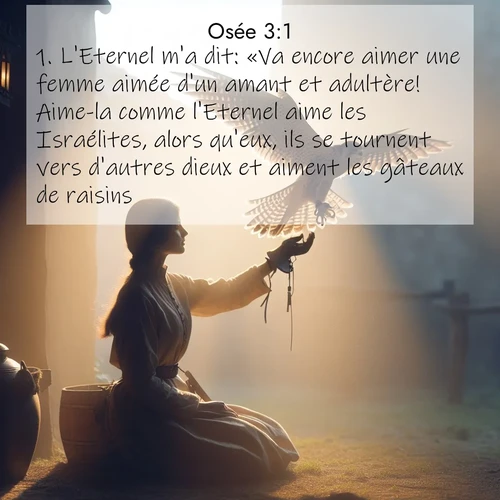 Segond21 Osée  ; image nature: image avec le verset biblique :L&#039;Eternel m&#039;a dit: «Va encore aimer une femme aimée d&#039;un amant et adultère! Aime-la comme l&#039;Eternel aime les Israélites, alors qu&#039;eux, ils se tournent vers d&#039;autres dieux et aiment les gâteaux de raisins.» ;  ; 3:1