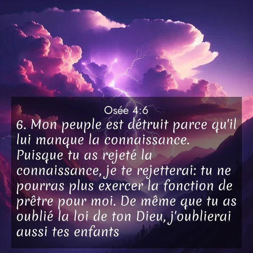 Segond21 Osée  ; image nature: image avec le verset biblique :Mon peuple est détruit parce qu&#039;il lui manque la connaissance. Puisque tu as rejeté la connaissance, je te rejetterai: tu ne pourras plus exercer la fonction de prêtre pour moi. De même que tu as oublié la loi de ton Dieu, j&#039;oublierai aussi tes enfants. ;  ; 4:6