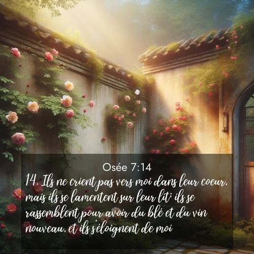 Segond21 Osée  ; image nature: image avec le verset biblique :Ils ne crient pas vers moi dans leur coeur, mais ils se lamentent sur leur lit; ils se rassemblent pour avoir du blé et du vin nouveau, et ils s&#039;éloignent de moi. ;  ; 7:14